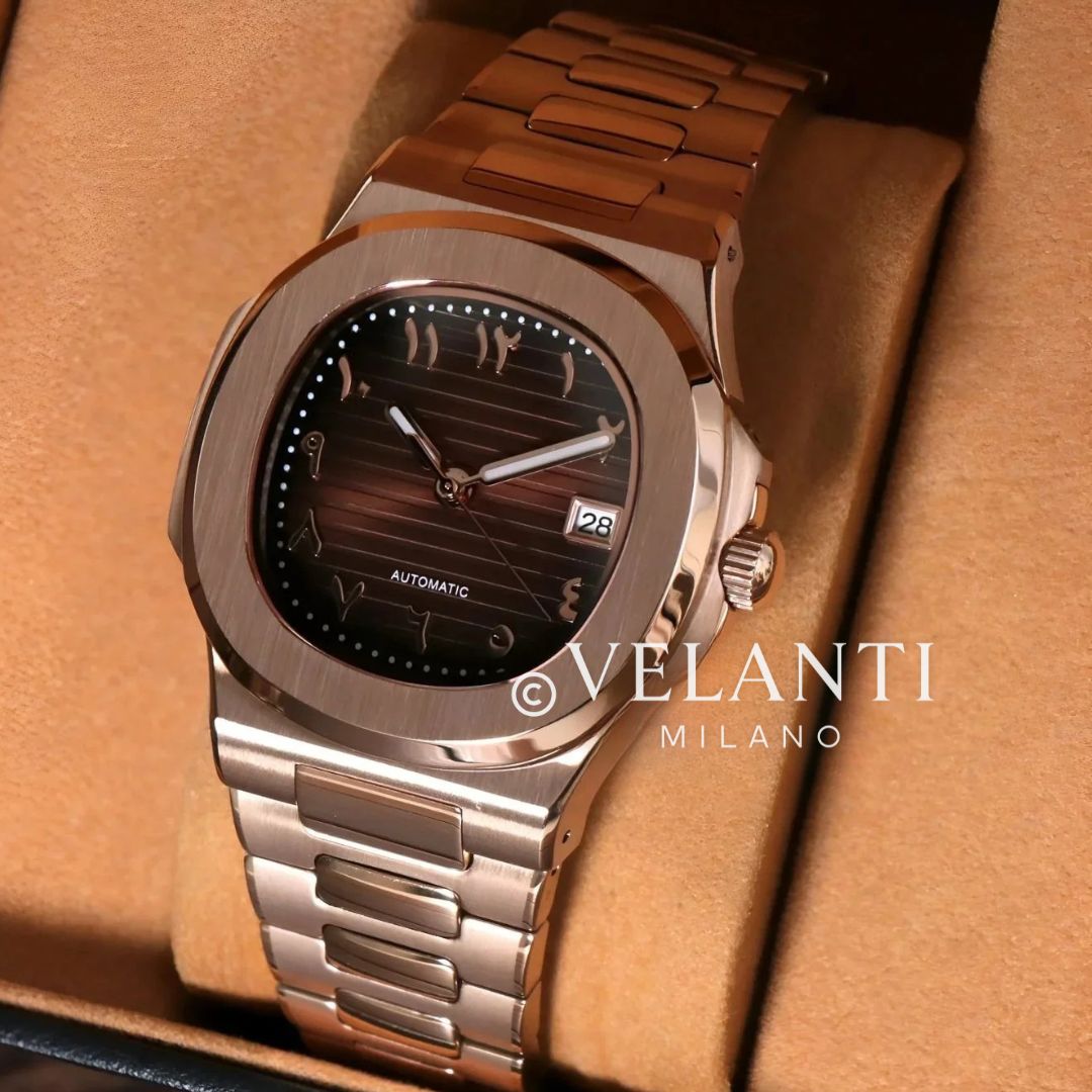 Nautiko Arabic Rose Gold Chocolate Seiko mod watch | Velanti Milano