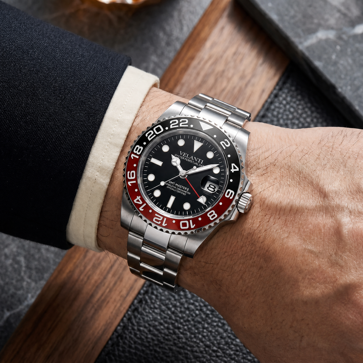 GMT-style custom mod watch, Velanti Milano Gmtvel Coke worn on wrist photo 9