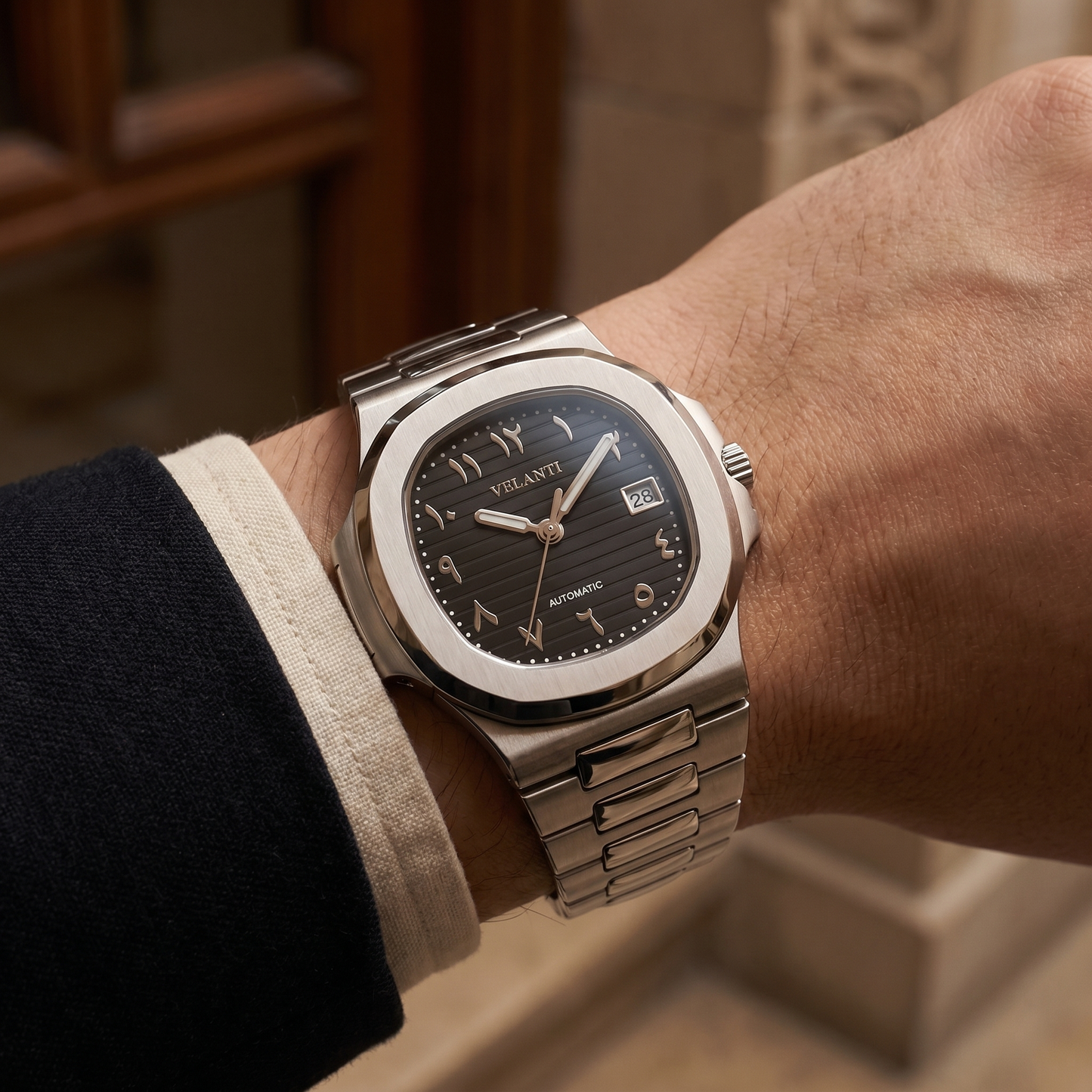 Nautilus-style custom mod watch, Velanti Milano Nautvel Arabic Black, product photo 9