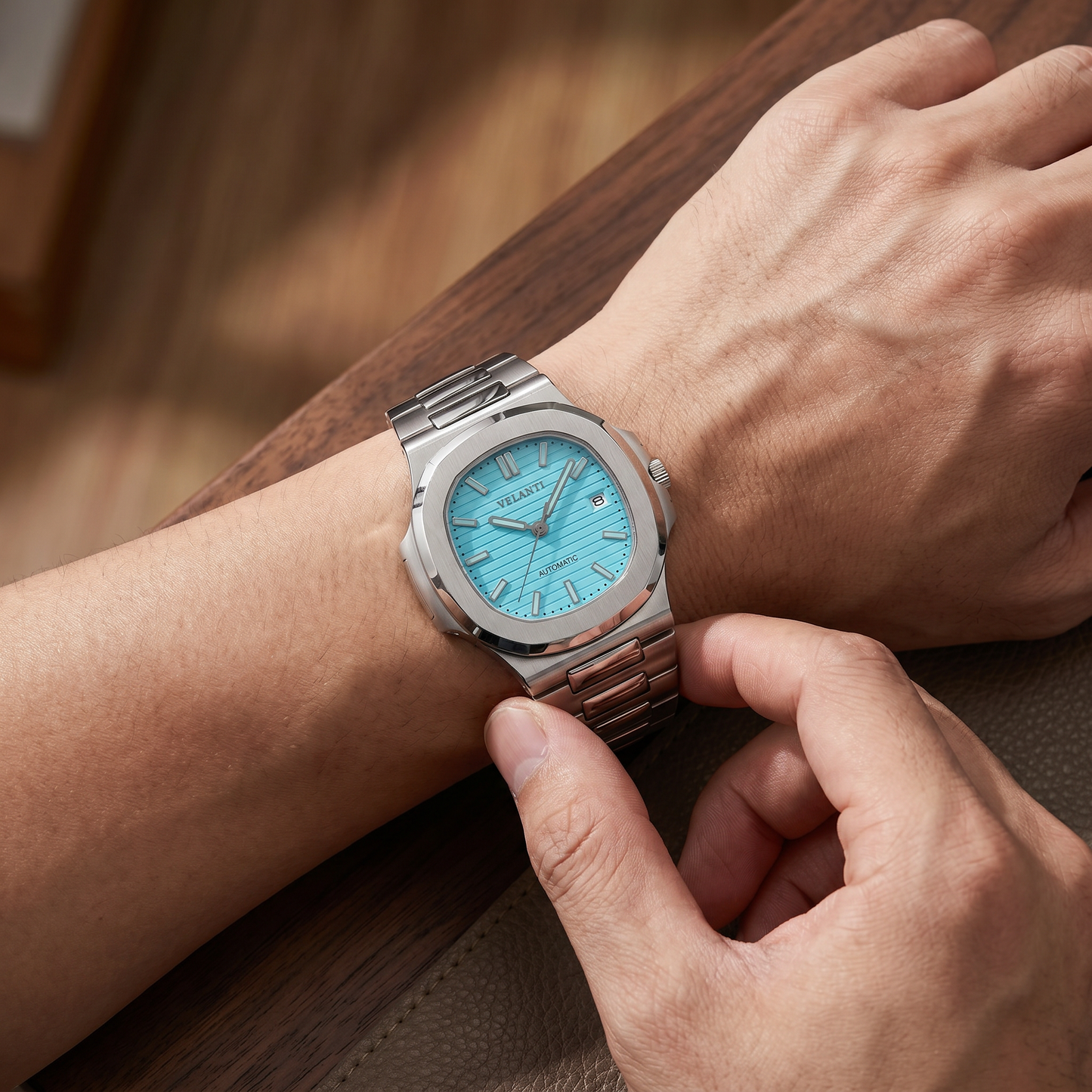 Nautilus-style custom mod watch, Velanti Milano Nautvel Tiffany Blue worn on wrist photo 6