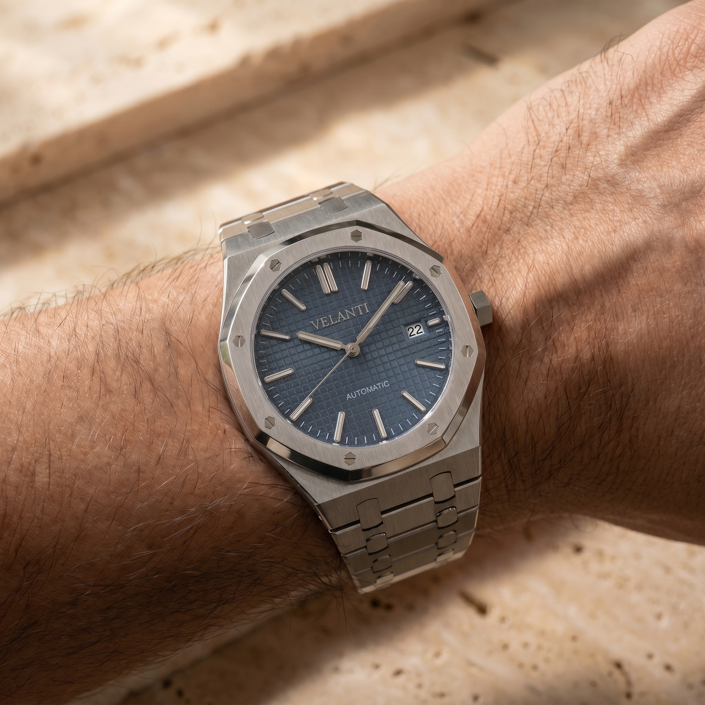 Royal Oak-style custom automatic watch, Velanti Milano Royal Veloak Blue, watch detail photo