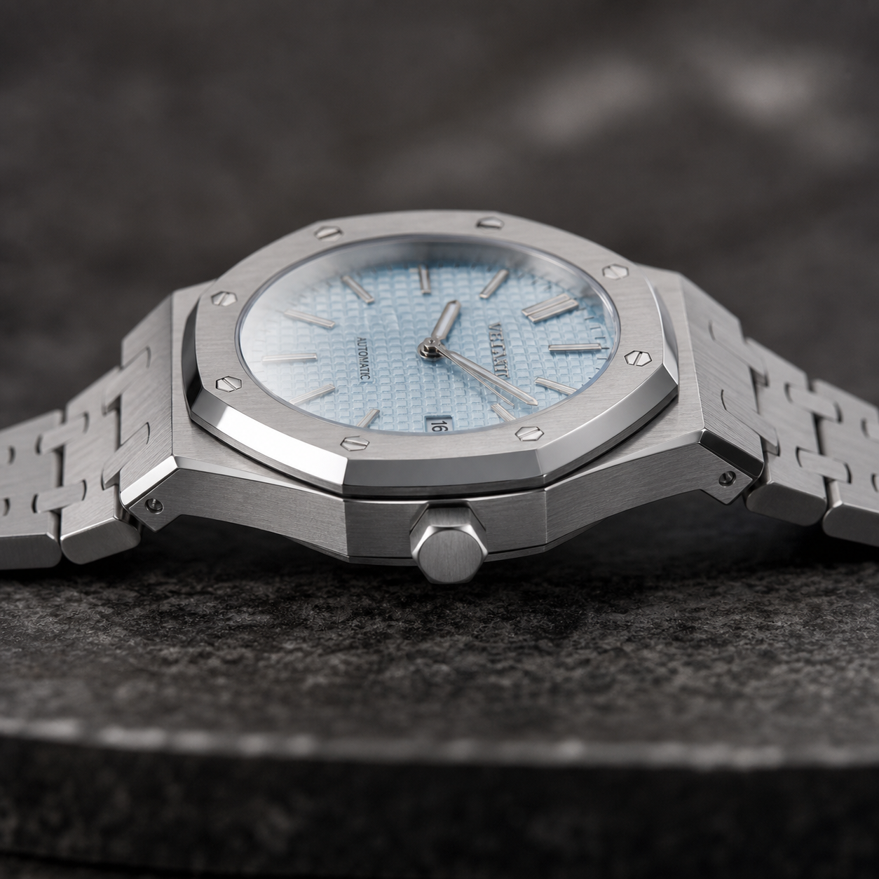 Royal Oak-style custom automatic watch, Velanti Milano Royal Veloak Ice Blue, side profile photo