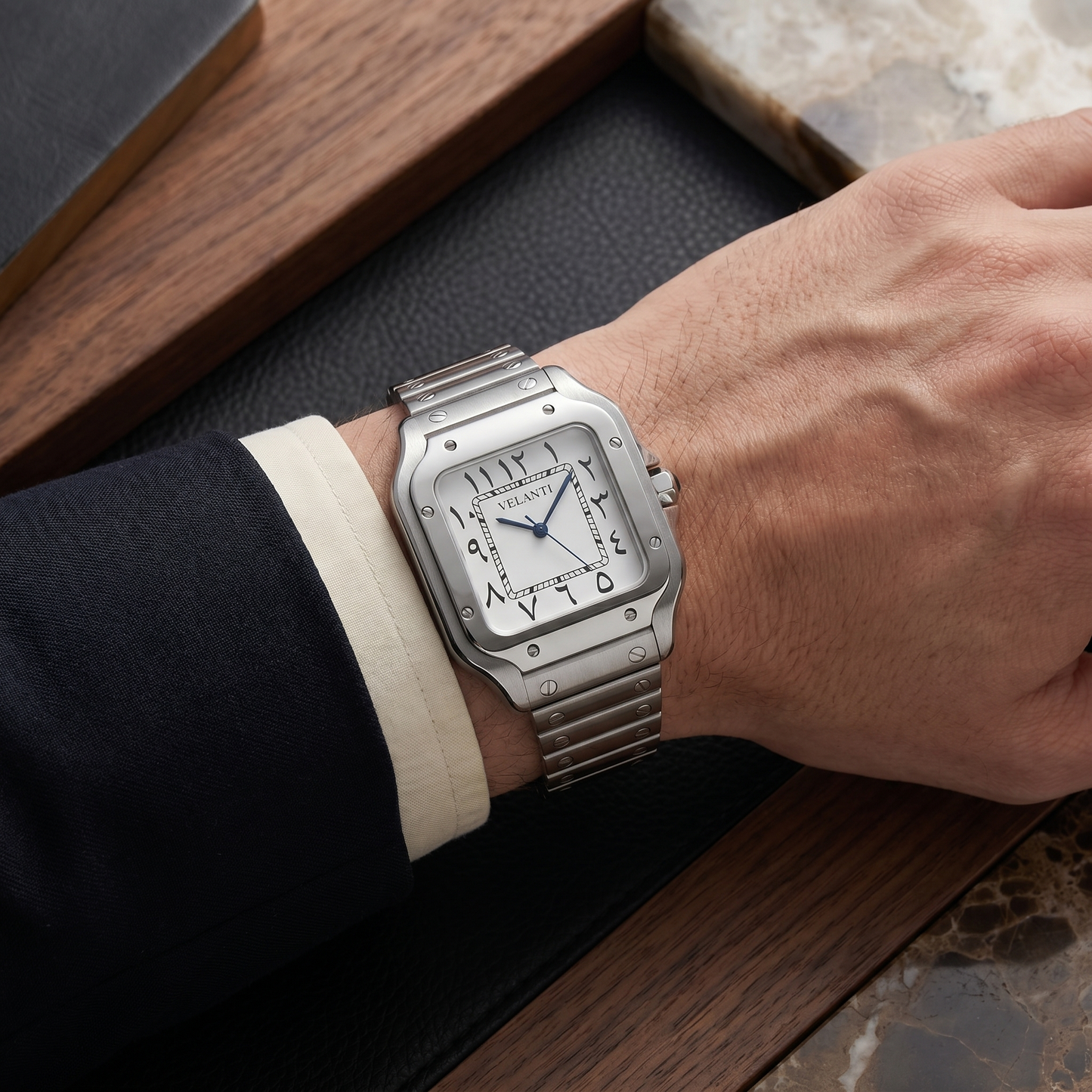 Santos-style custom mod watch, Velanti Milano Santvel Arabic White worn on wrist photo 10