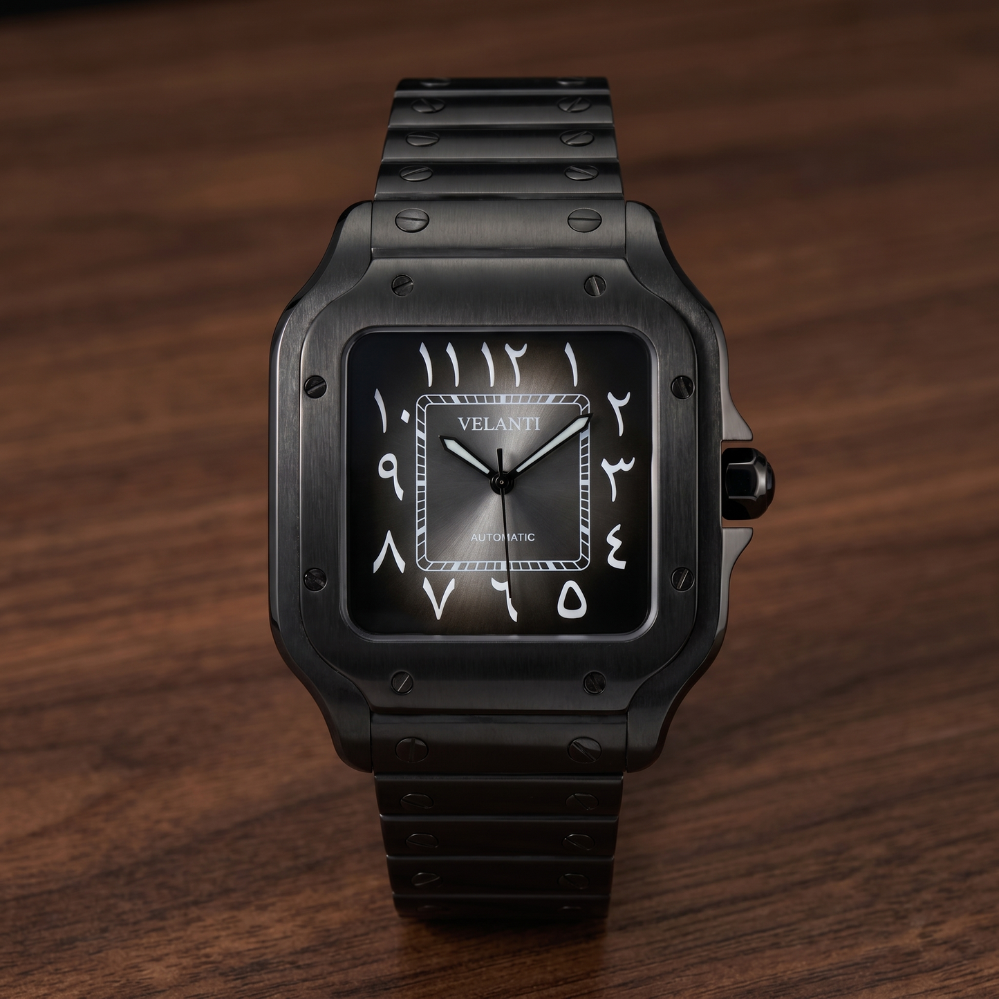 Santos-style custom automatic watch, Velanti Milano Santvel Black Ghost Arabic, watch detail photo 8