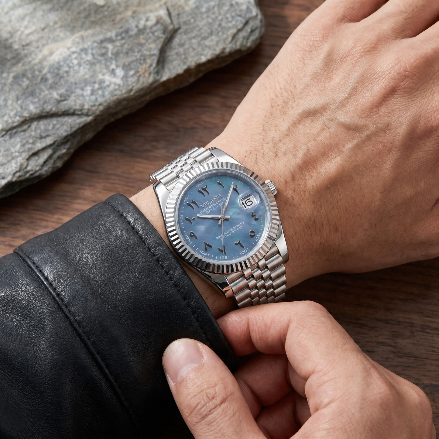 Datejust-style custom mod watch, Velanti Milano Veljust Arabic Cosmos worn on wrist