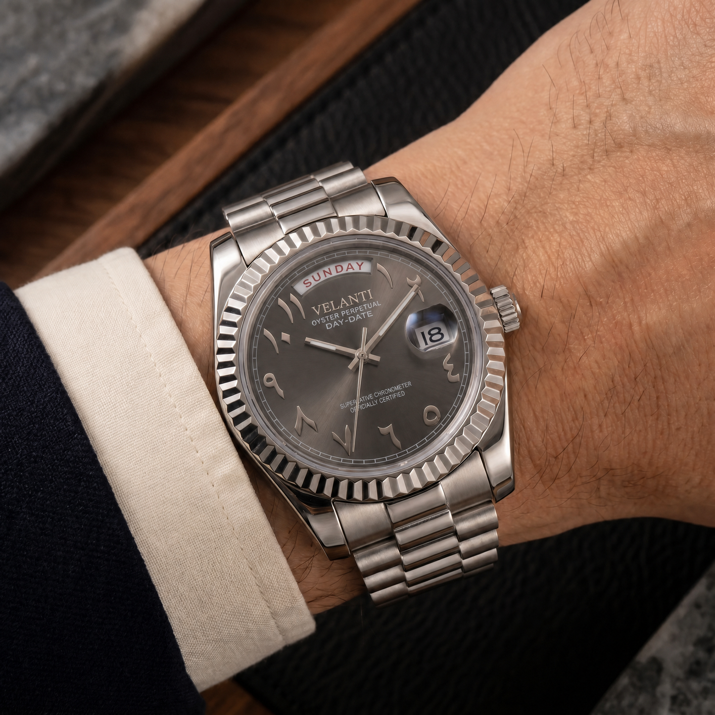 Datejust-style custom mod watch, Velanti Milano Veljust Daydate Arabic Deep Grey worn on wrist
