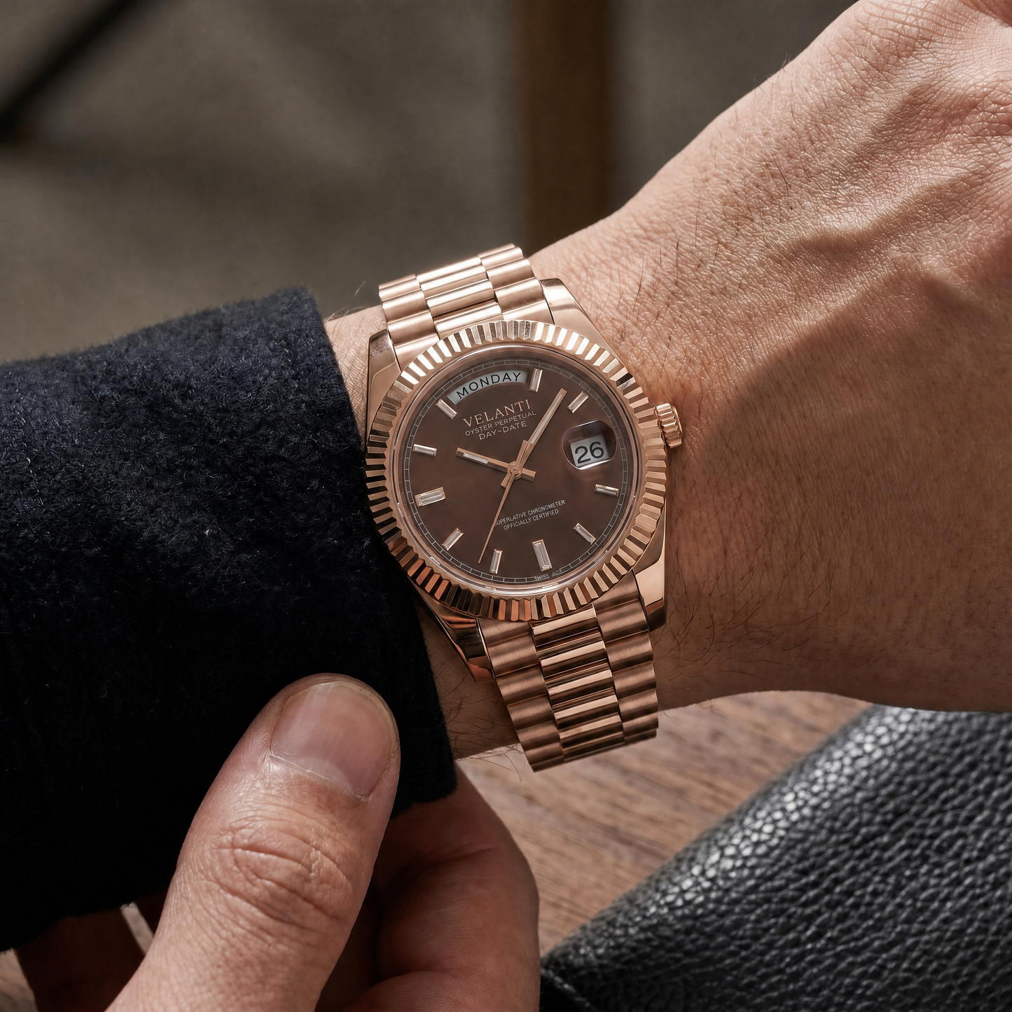 Datejust-style custom mod watch, Velanti Milano Veljust Daydate Rose Gold Chocolate worn on wrist photo 10