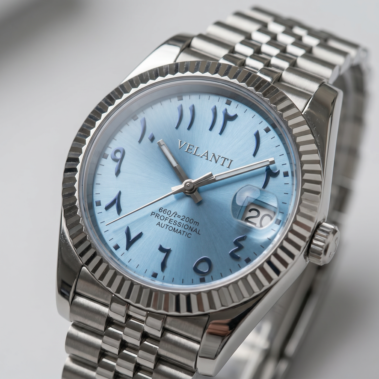 Datejust-style custom mod watch, Velanti Milano Veljust Ice Blue Arabic, product photo 5