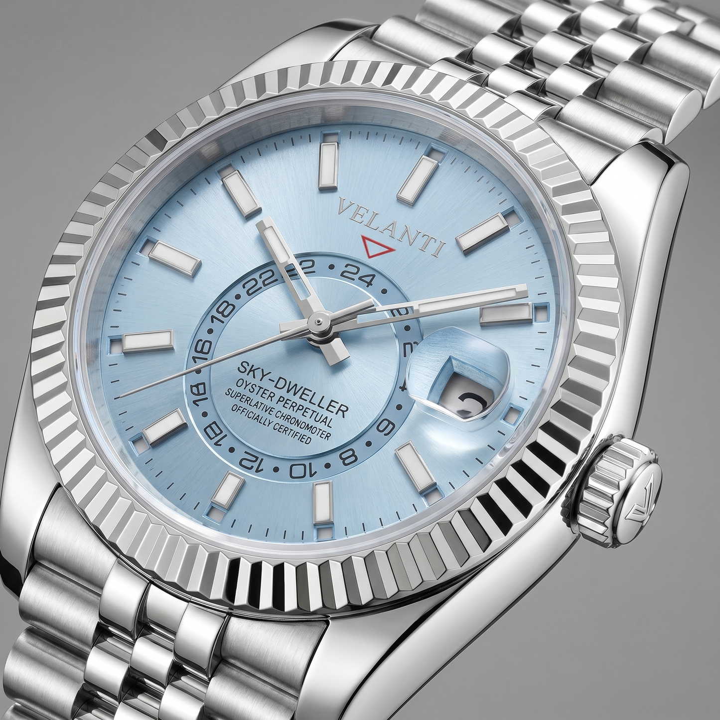 Datejust-style custom automatic watch, Velanti Milano Veljust Sky Dweller Ice Blue, watch detail photo