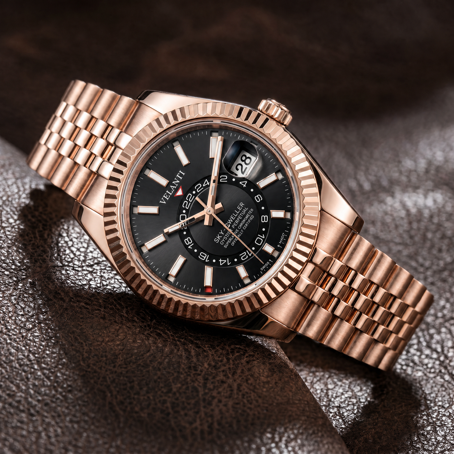 Datejust-style custom automatic watch, Velanti Milano Veljust Sky Dweller Rose Gold, bracelet detail photo