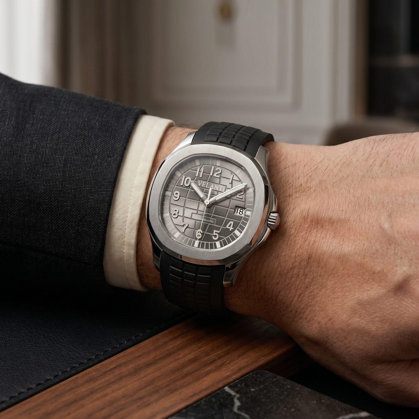 Aquanaut-style custom mod watch, Velanti Milano Velnaut Silver worn on wrist photo 9
