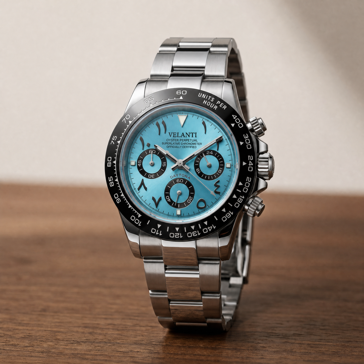 Daytona-style custom chronograph watch, Velanti Milano Veltona Arabic Ice Blue, watch detail photo 10