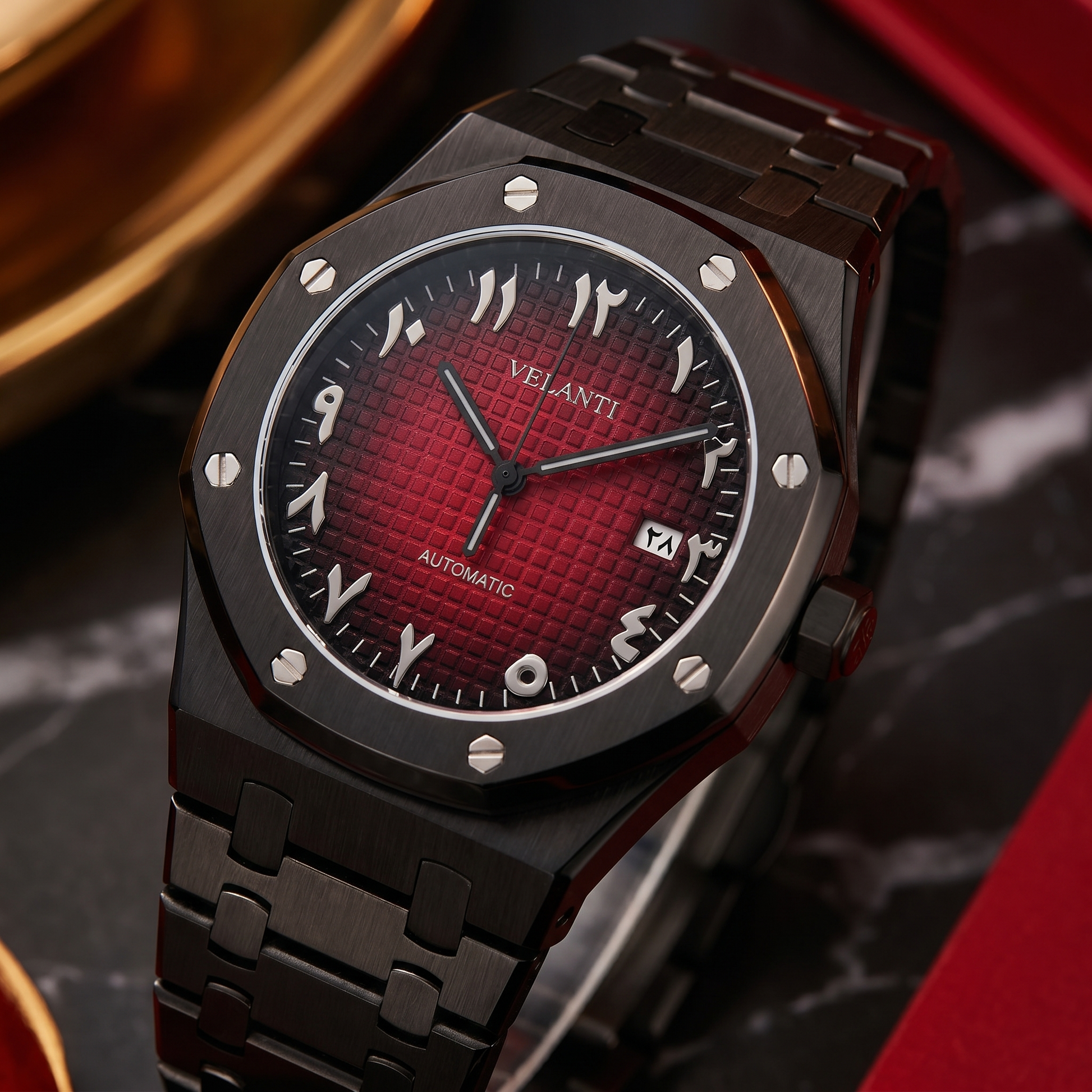 Royal Oak-style custom mod watch, Velanti Milano Royal Veloak Arabic Black Red, angled product photo