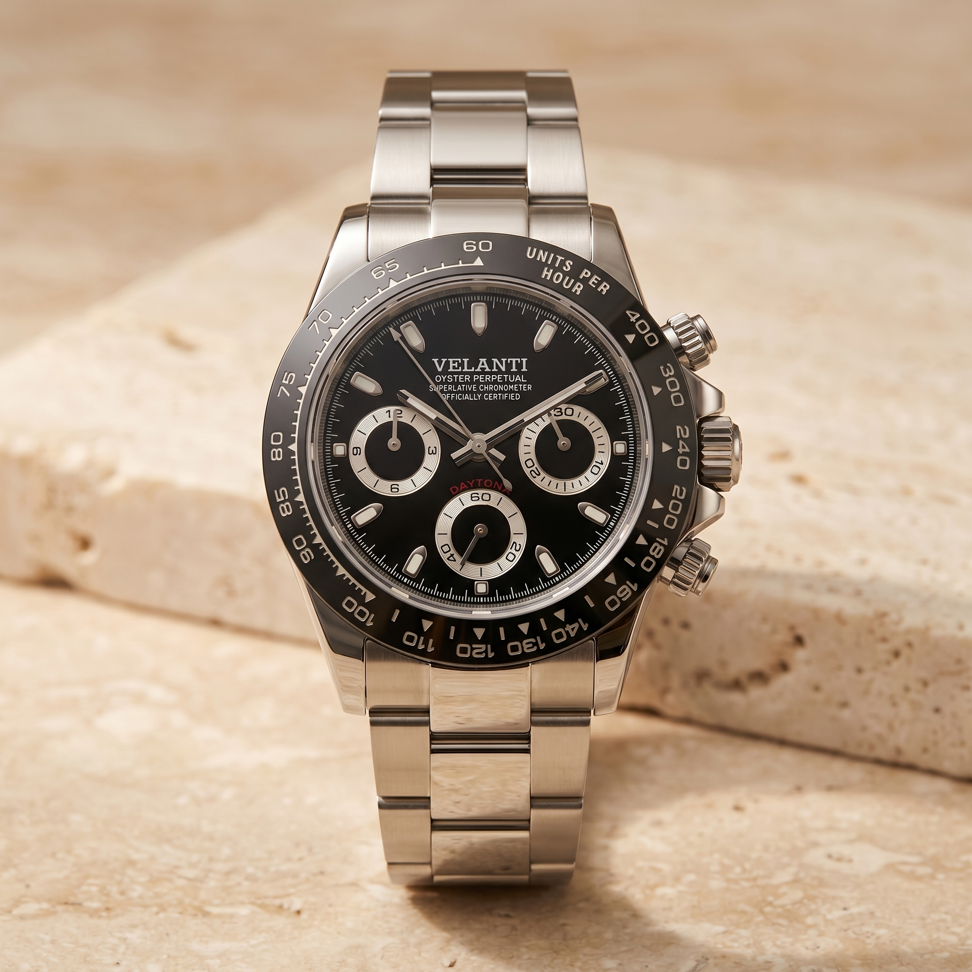 Daytona-style custom chronograph watch, Velanti Milano Veltona Black Panda, angled product photo