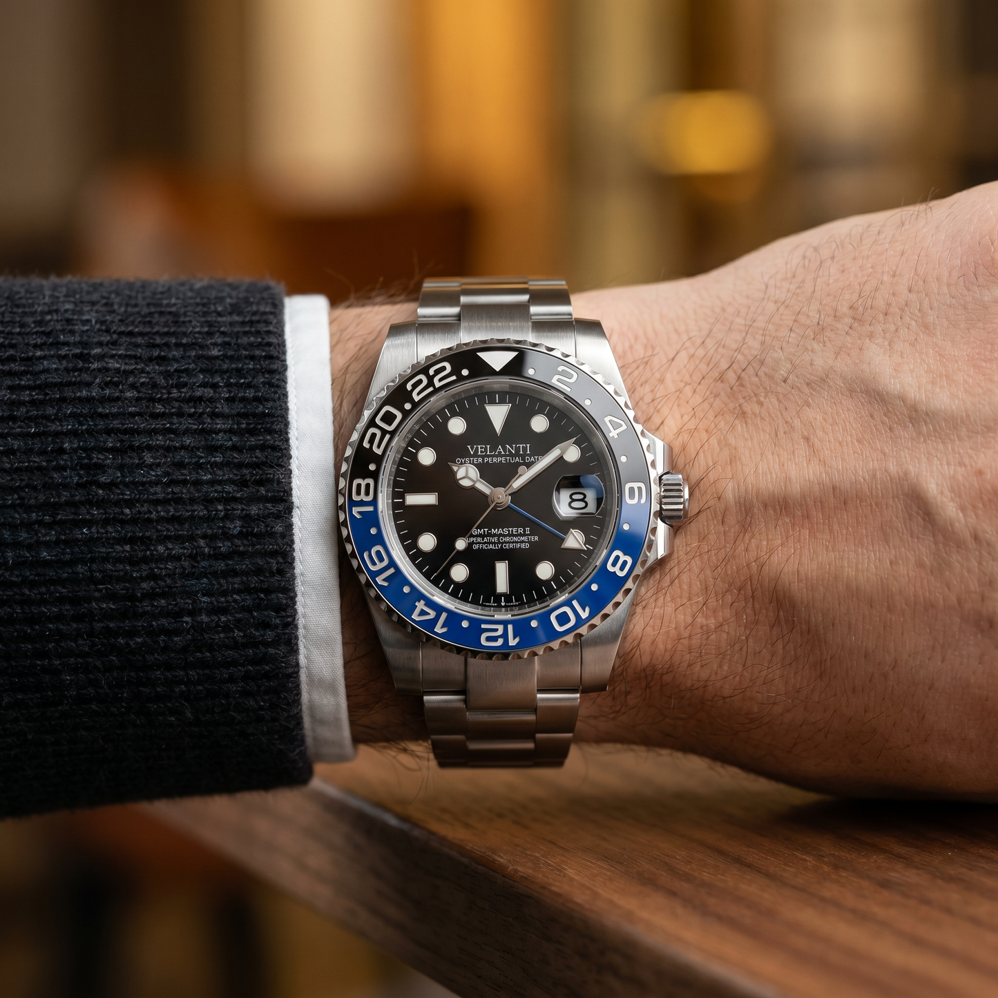 GMT-style custom mod watch, Velanti Milano Gmtvel Batman worn on wrist photo 6