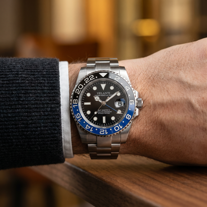 GMT-style custom mod watch, Velanti Milano Gmtvel Batman worn on wrist photo 6