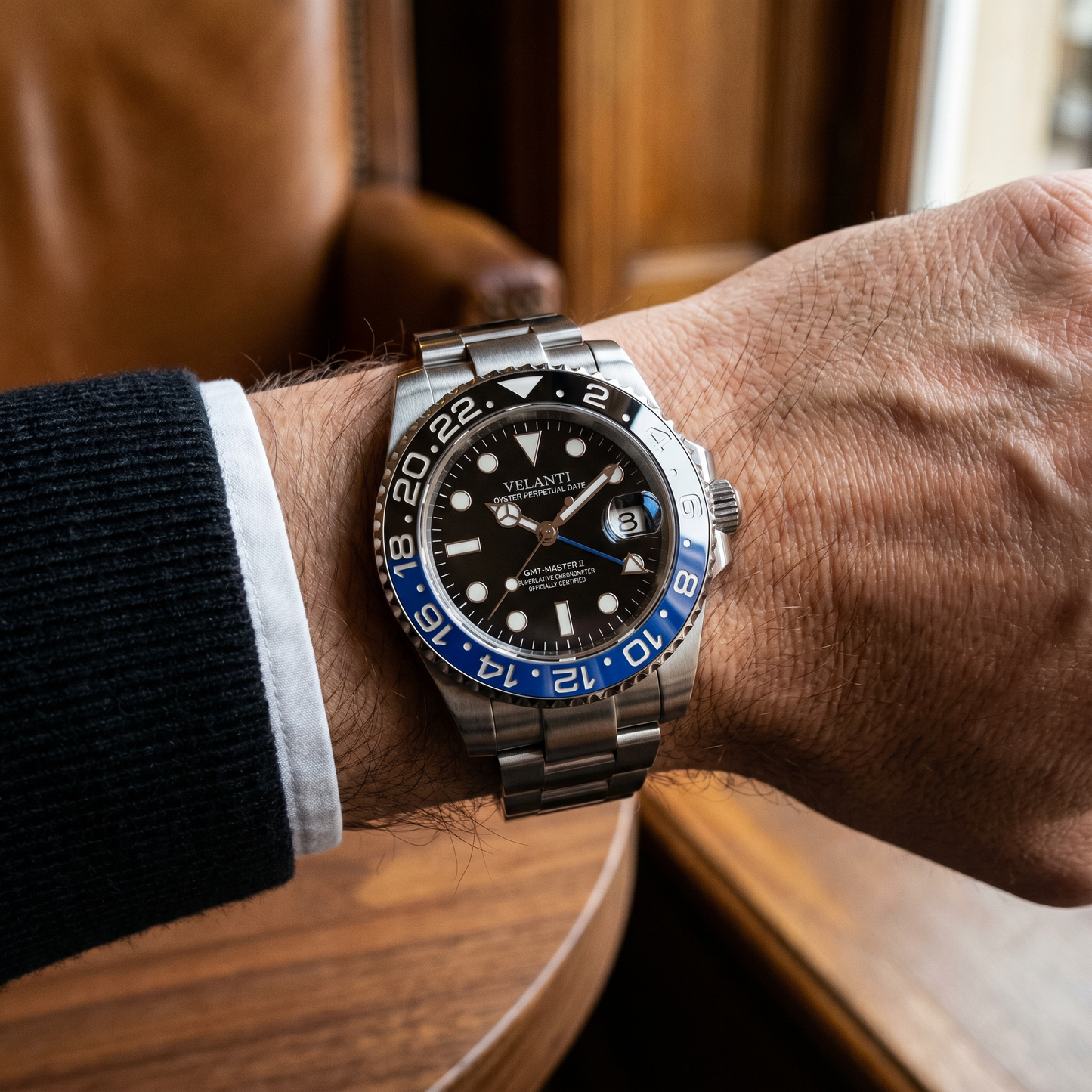 GMT-style custom mod watch, Velanti Milano Gmtvel Batman worn on wrist photo 2
