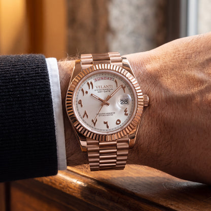 Datejust-style custom mod watch, Velanti Milano Veljust Daydate Rose Gold White Arabic, product photo 6