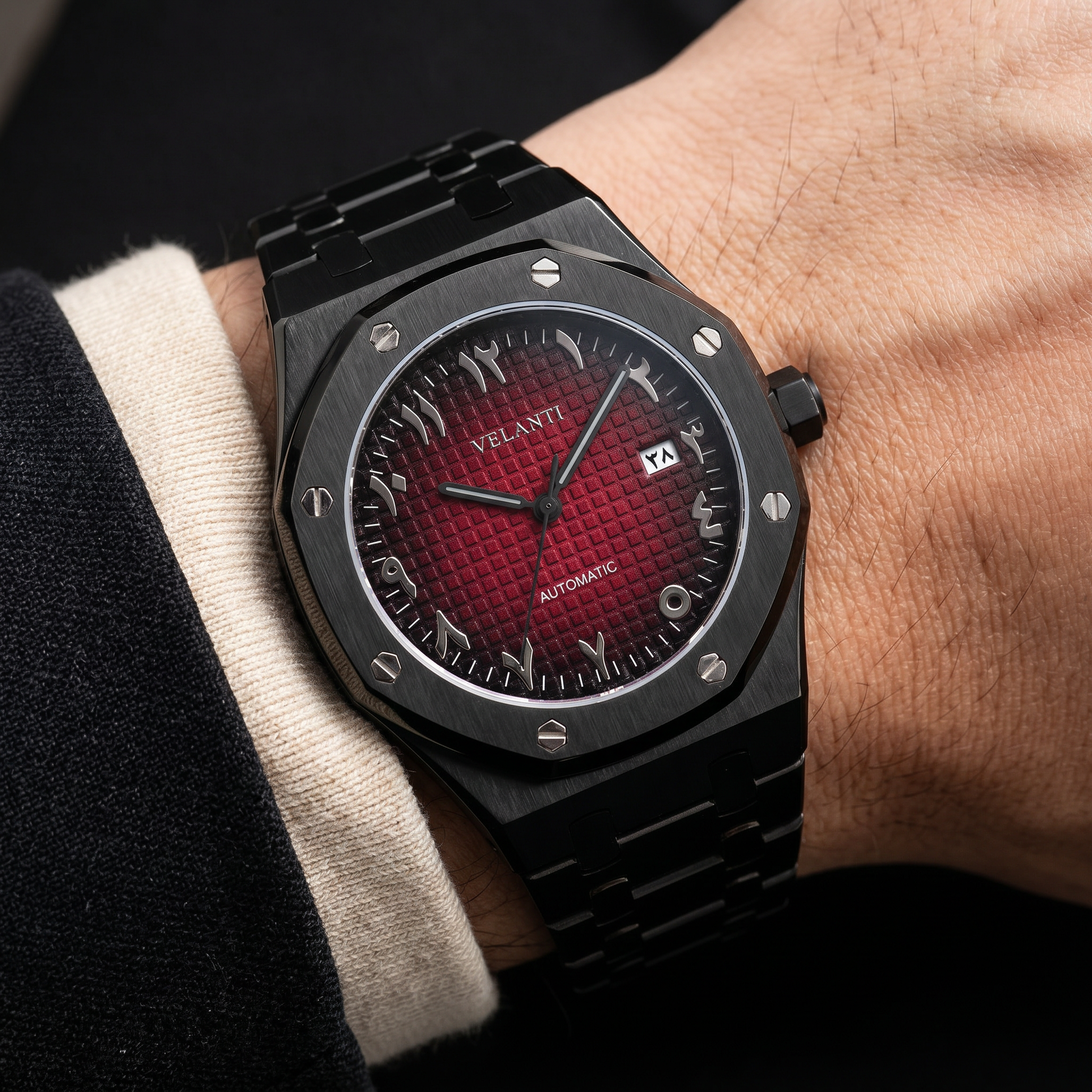 Royal Oak-style custom mod watch, Velanti Milano Royal Veloak Arabic Black Red worn on wrist photo 4