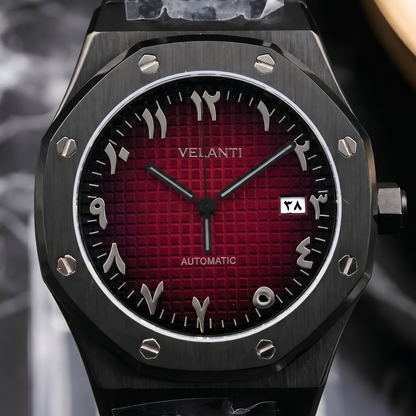 Royal Oak-style custom automatic watch, Velanti Milano Royal Veloak Arabic Black Red, dial close-up 6