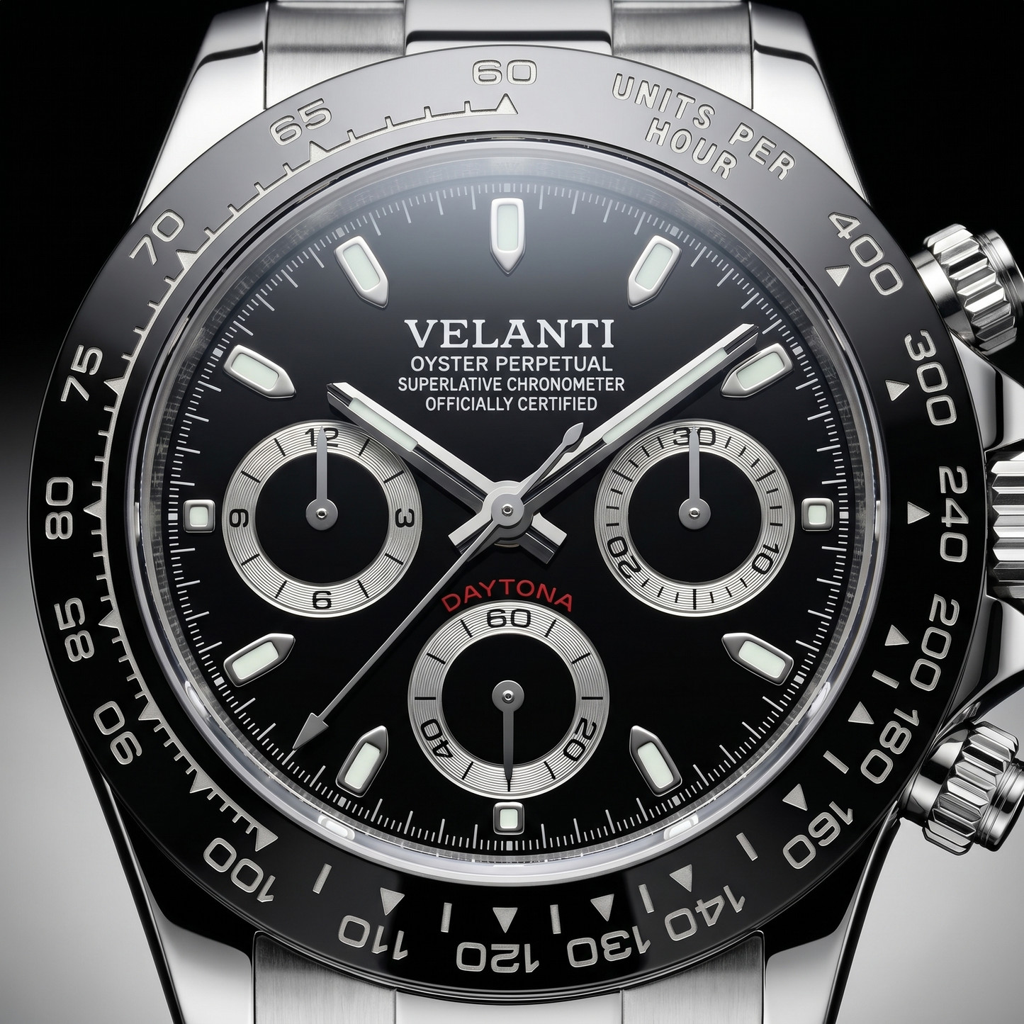Daytona-style custom chronograph watch, Velanti Milano Veltona Black Panda, dial close-up 10