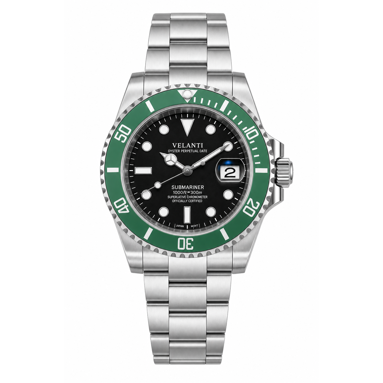 Submariner-style custom mod watch, Velanti Milano Velmariner Kermit, main product photo