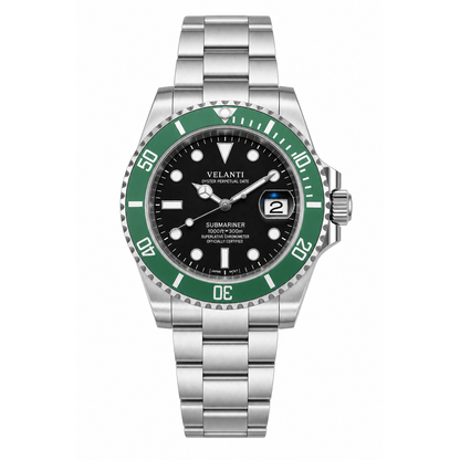 Submariner-style custom mod watch, Velanti Milano Velmariner Kermit, main product photo