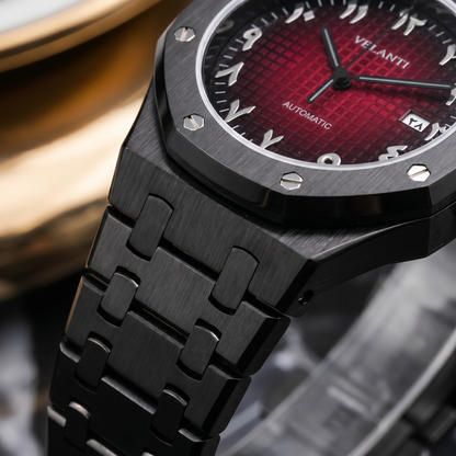 Royal Oak-style custom automatic watch, Velanti Milano Royal Veloak Arabic Black Red, dial close-up 7