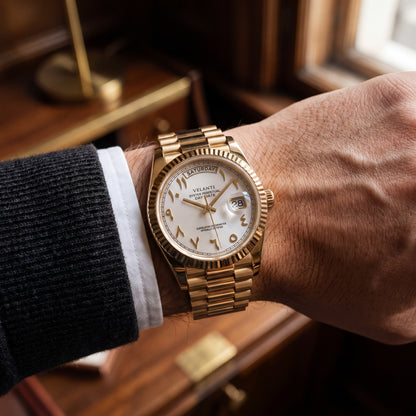 Datejust-style custom mod watch, Velanti Milano Veljust Daydate Yellow Gold White Arabic, product photo 4