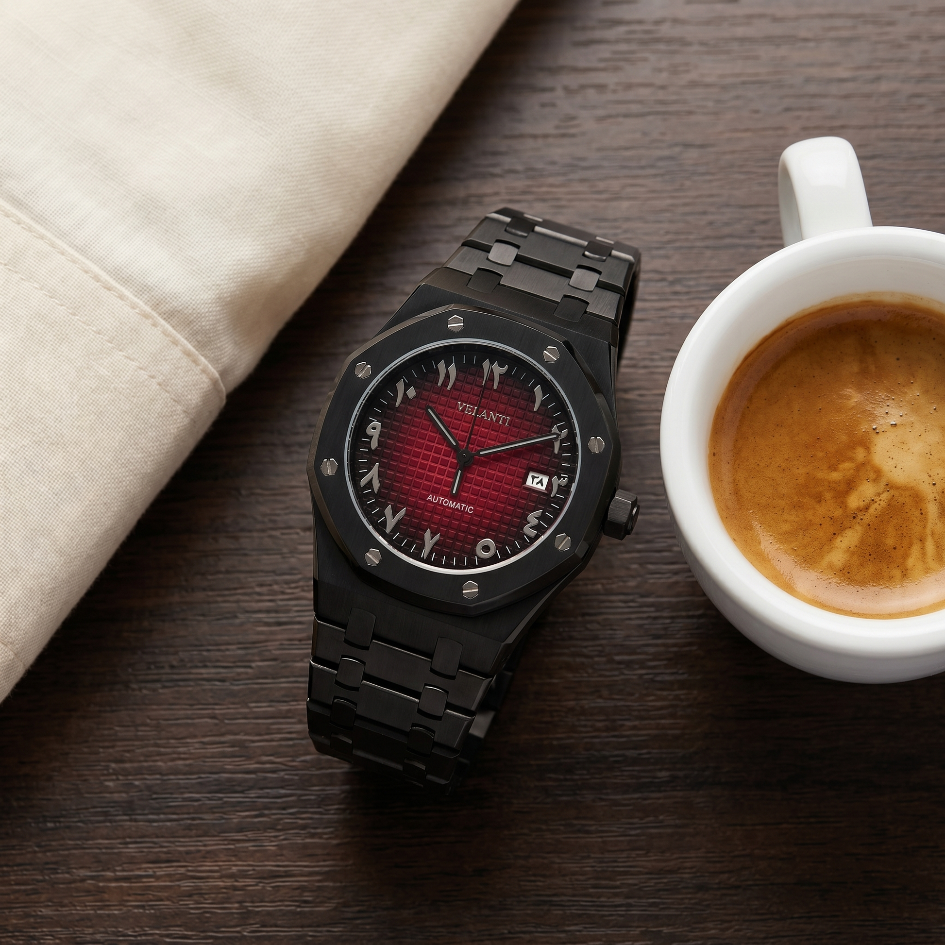 Royal Oak-style custom mod watch, Velanti Milano Royal Veloak Arabic Black Red worn on wrist photo 8