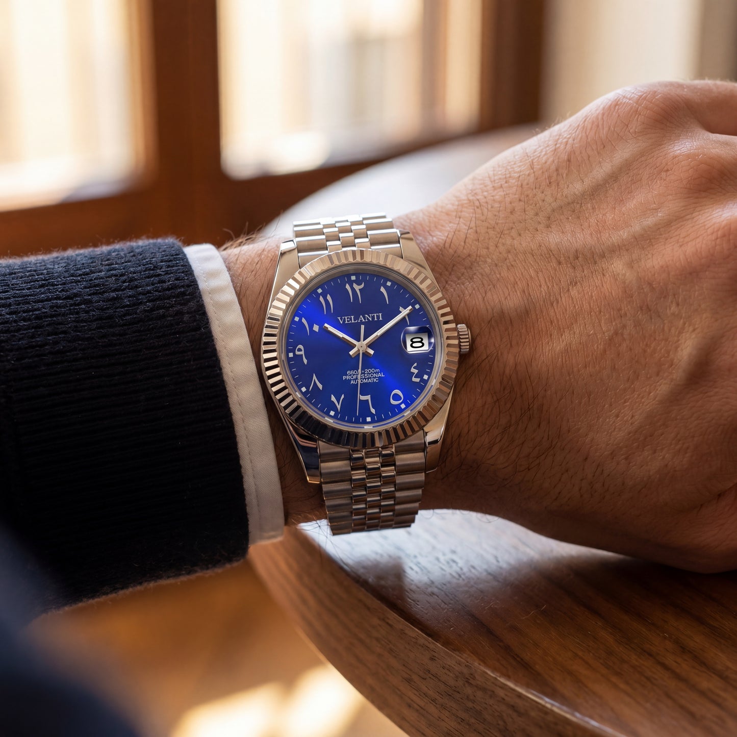 Datejust-style custom mod watch, Velanti Milano Veljust Arabic Royal Blue, product photo 2