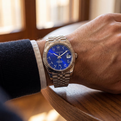 Datejust-style custom mod watch, Velanti Milano Veljust Arabic Royal Blue, product photo 2