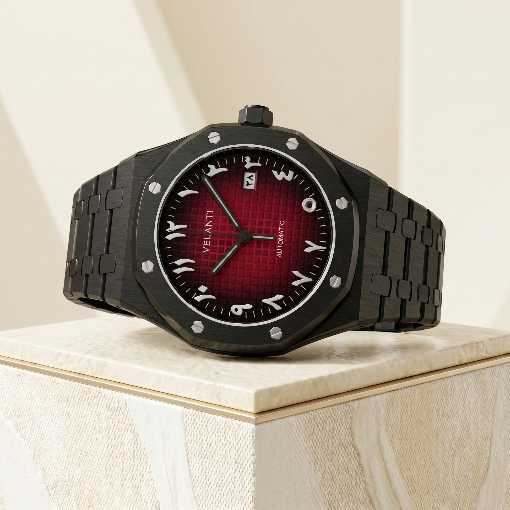 Royal Oak-style custom mod watch, Velanti Milano Royal Veloak Arabic Black Red, packaging photo