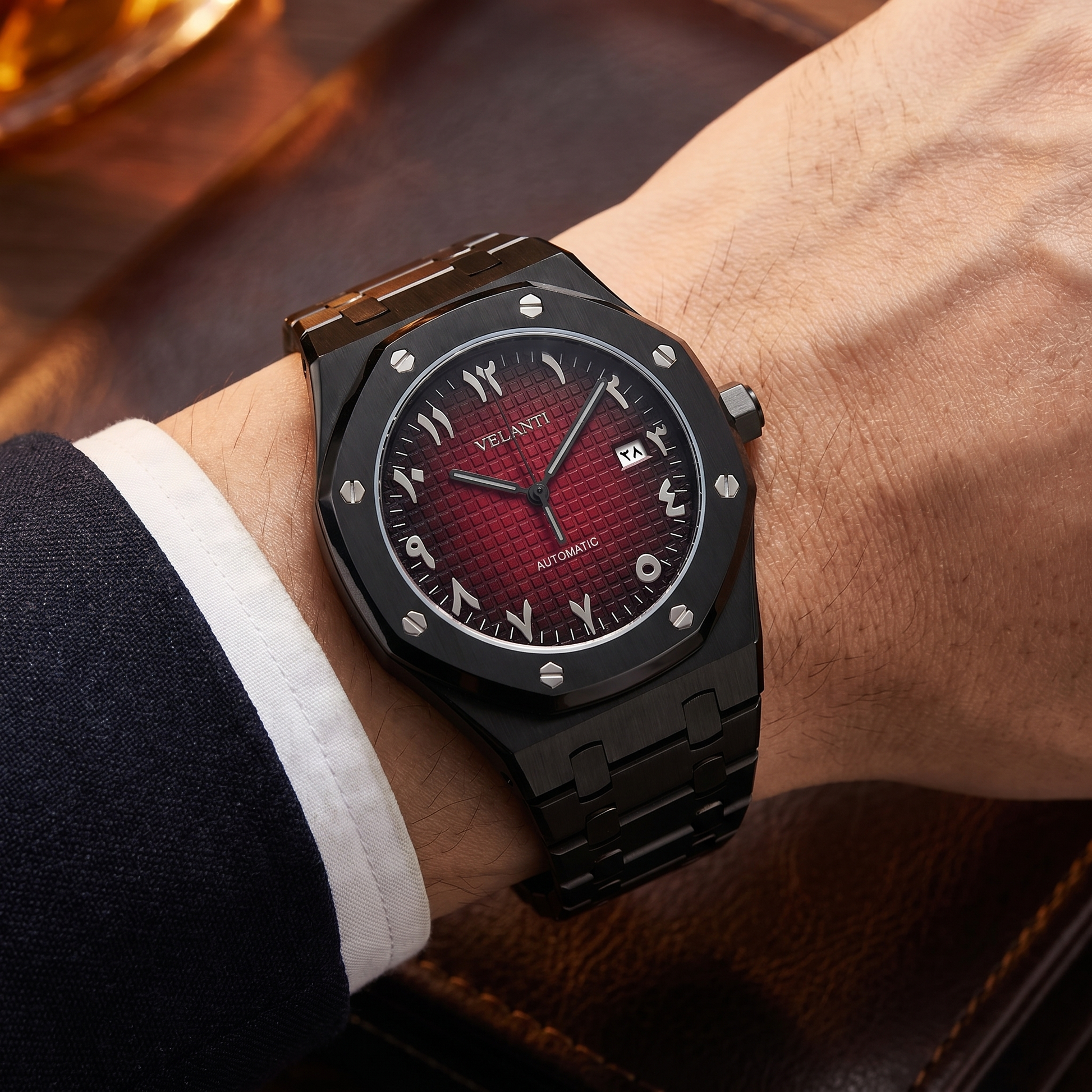 Royal Oak-style custom mod watch, Velanti Milano Royal Veloak Arabic Black Red worn on wrist photo 10