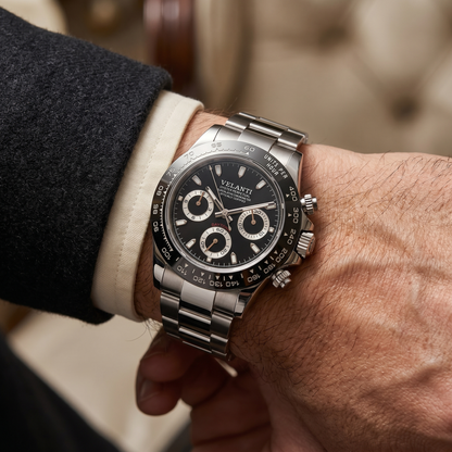 Daytona-style custom chronograph watch, Velanti Milano Veltona Black Panda worn on wrist photo 2