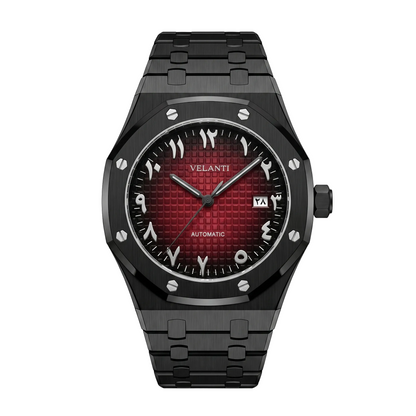 Royal Oak-style custom automatic watch, Velanti Milano Royal Veloak Arabic Black Red, case back photo
