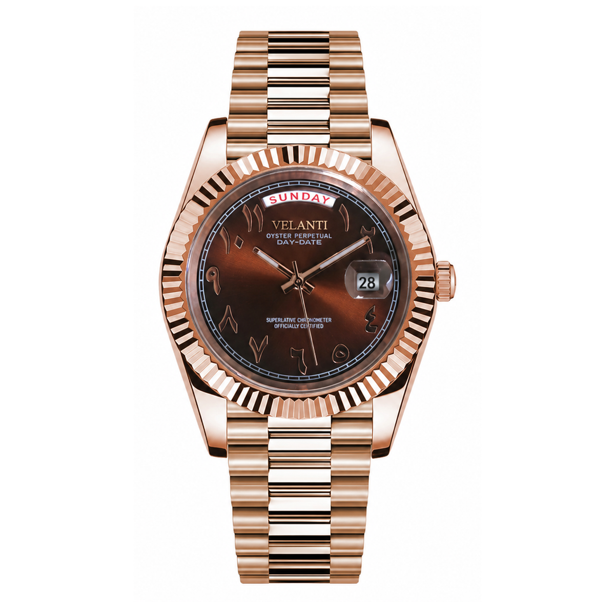 Datejust-style automatic watch, Velanti Milano Veljust Daydate Rose Gold Chocolate Arabic, main product photo