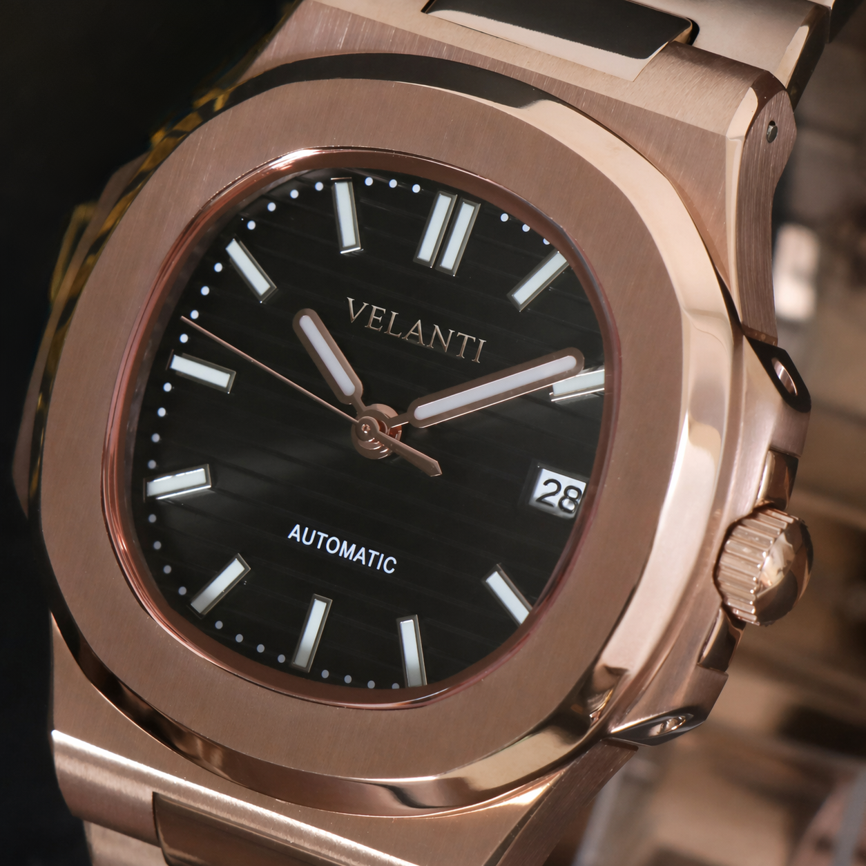 Nautilus-style custom mod watch, Velanti Milano Nautvel Rose Gold Black, product photo 2