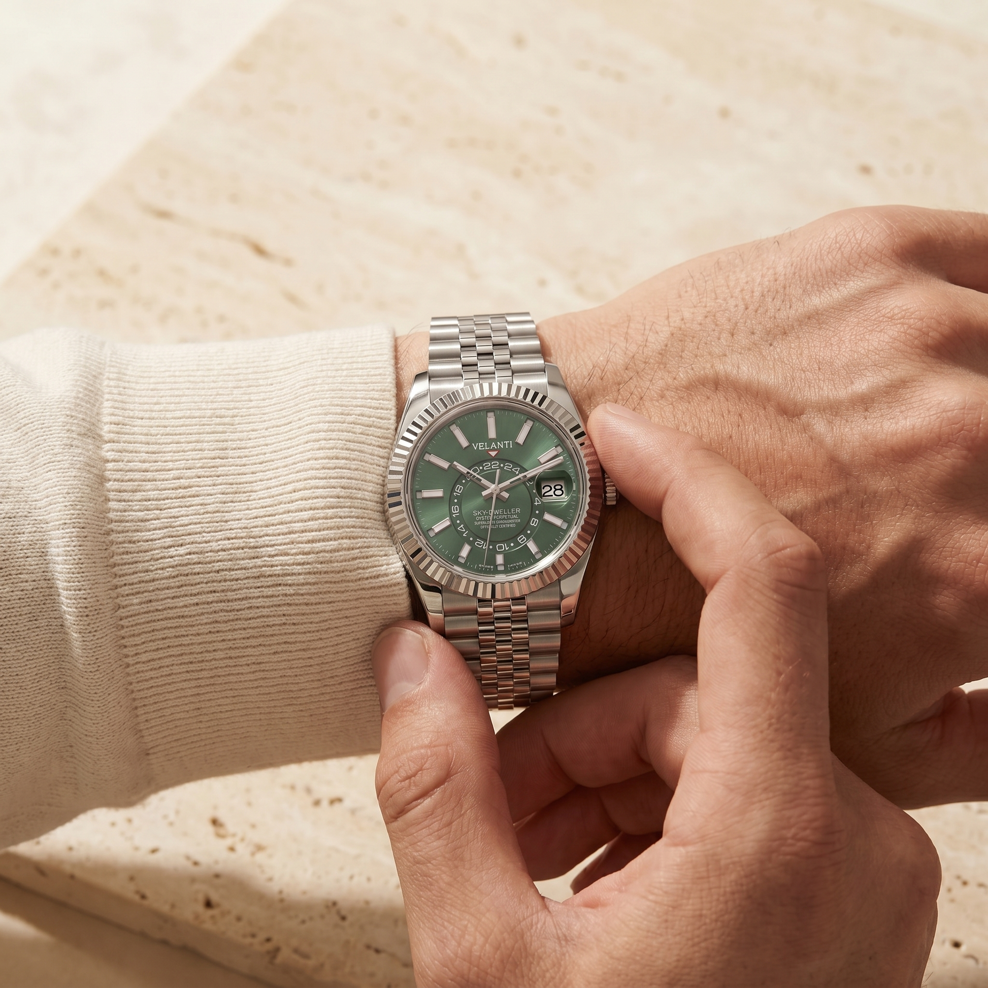Datejust-style custom mod watch, Velanti Milano Veljust Sky Dweller Mint Green, product photo 3