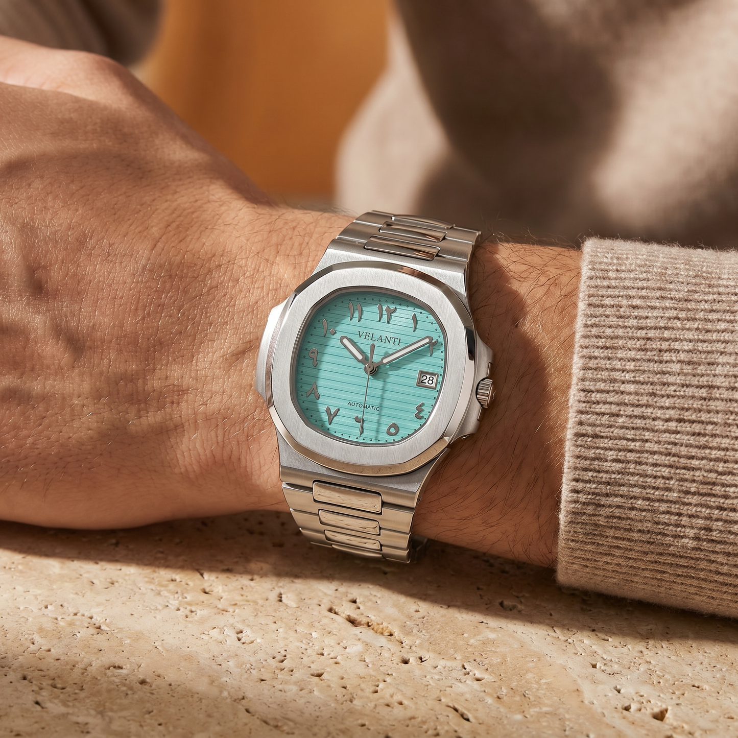 Nautilus-style custom mod watch, Velanti Milano Nautvel Arabic Tiffany Blue, product photo 5