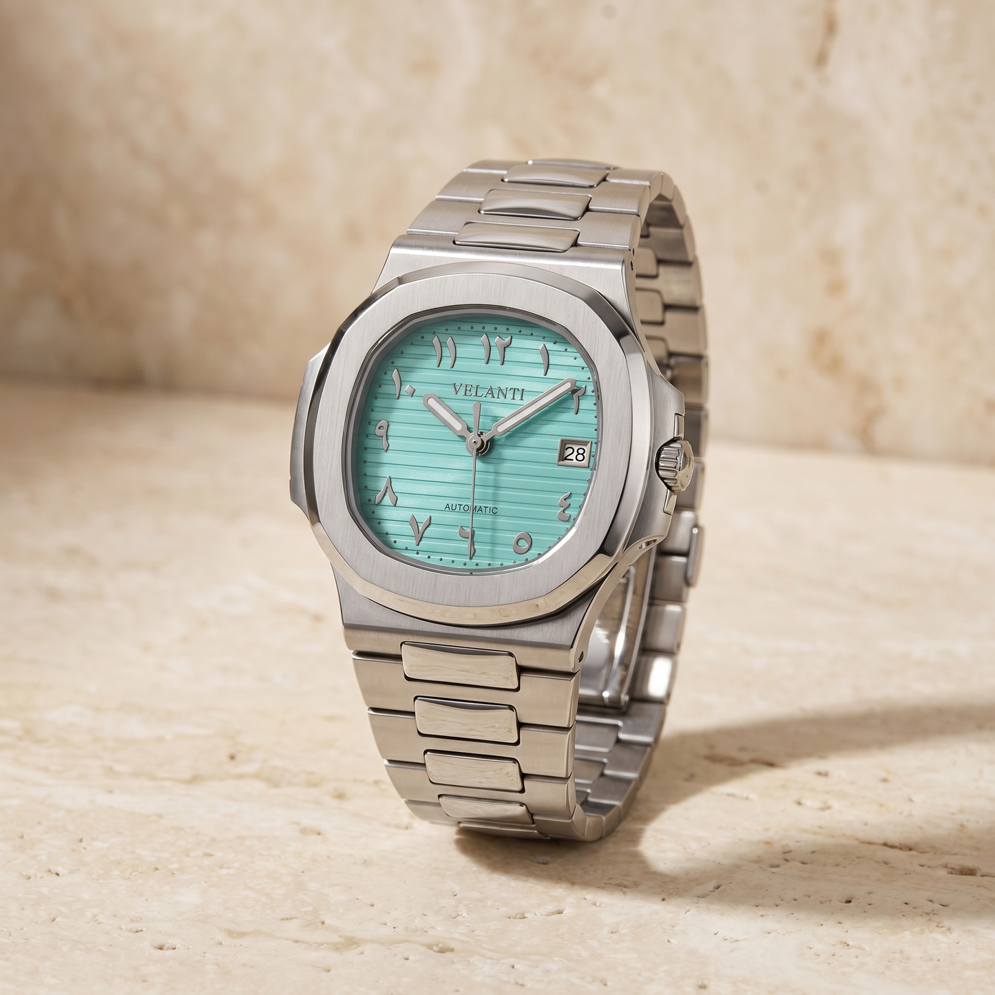 Nautilus-style custom mod watch, Velanti Milano Nautvel Arabic Tiffany Blue, product photo 6