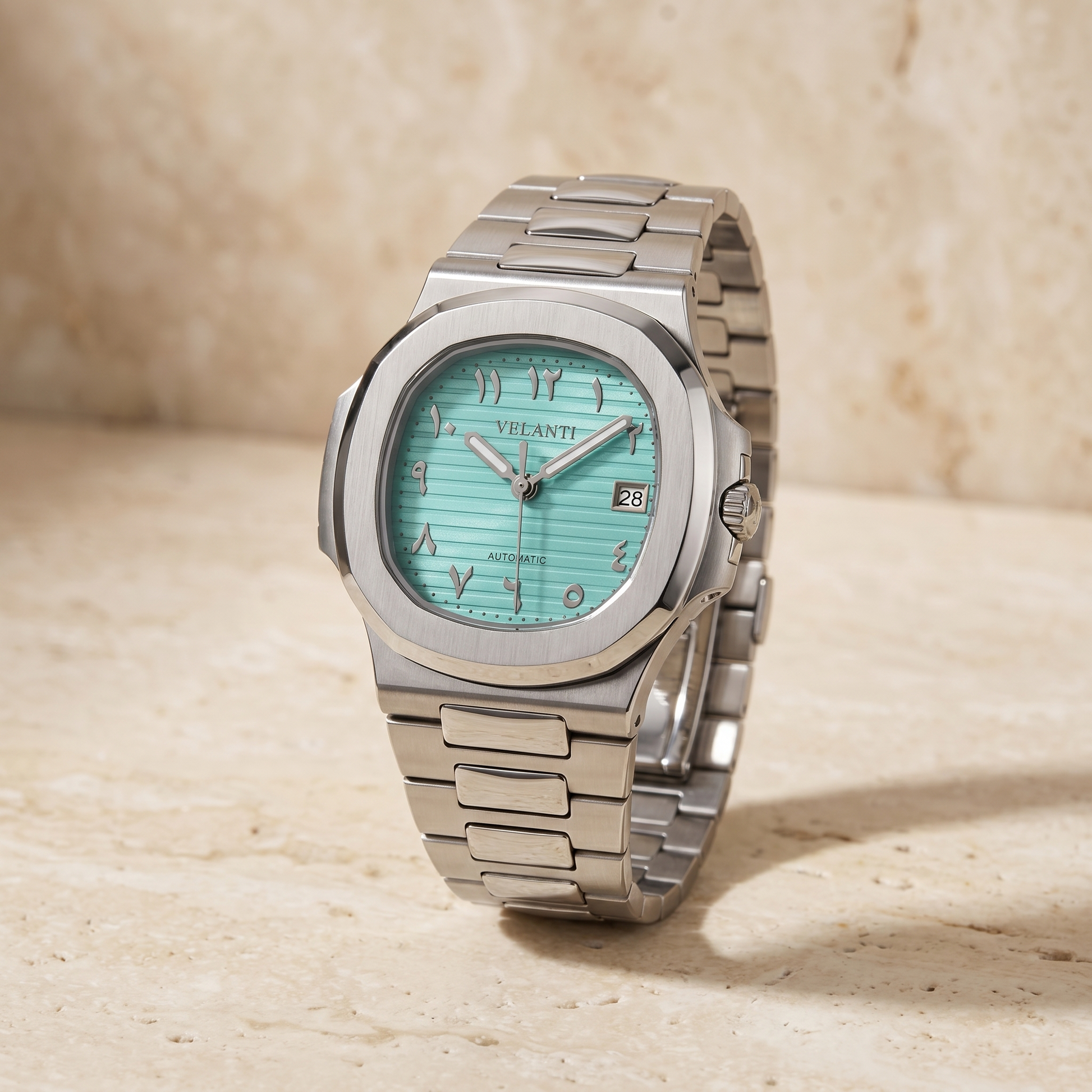 Nautilus-style custom mod watch, Velanti Milano Nautvel Arabic Tiffany Blue, product photo 6