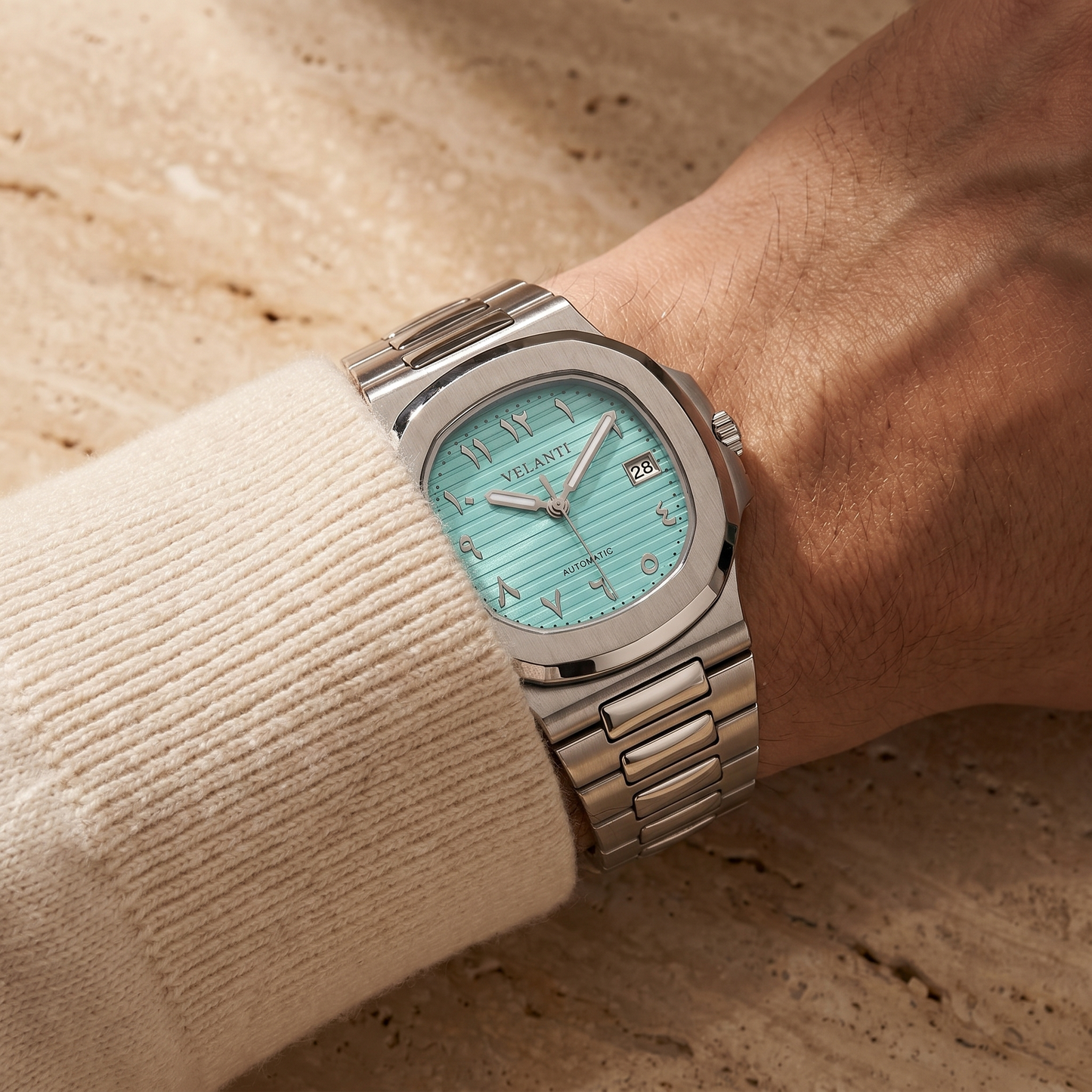 Nautilus-style custom mod watch, Velanti Milano Nautvel Arabic Tiffany Blue, product photo 2