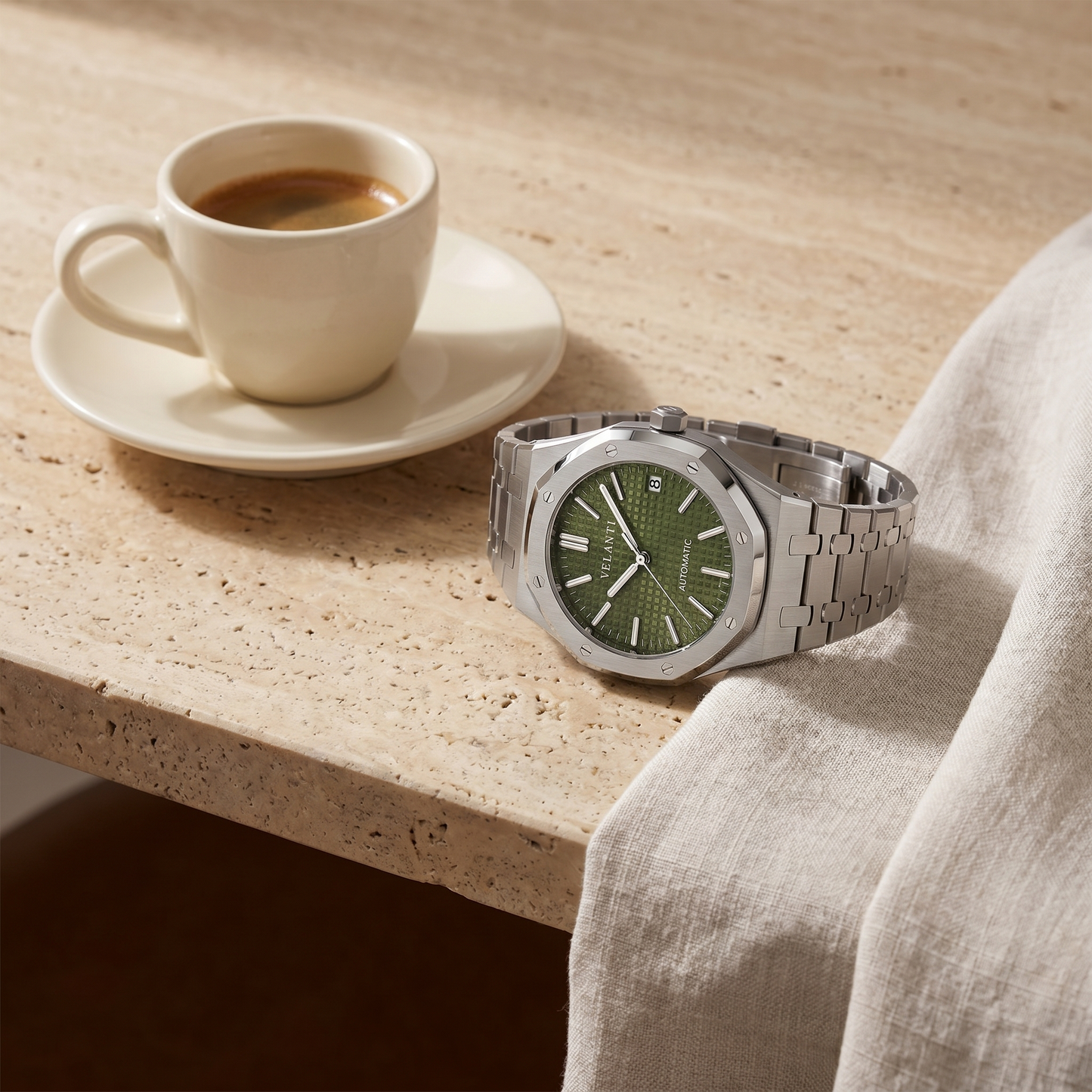 Royal Oak-style custom mod watch, Velanti Milano Royal Veloak Olive Green, product photo 3