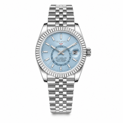 Datejust-style custom mod watch, Velanti Milano Veljust Sky Dweller Ice Blue, main product photo