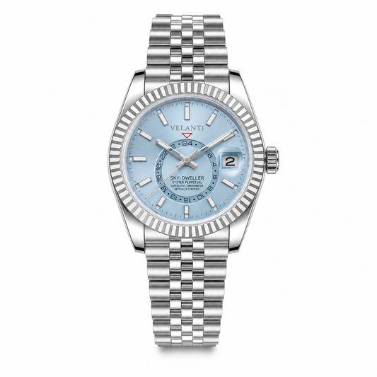 Datejust-style custom mod watch, Velanti Milano Veljust Sky Dweller Ice Blue, main product photo