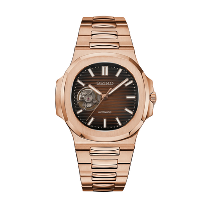 NAUTIKO Rose Gold Chocolate Open Heart Seiko mod watch | Velanti Milano