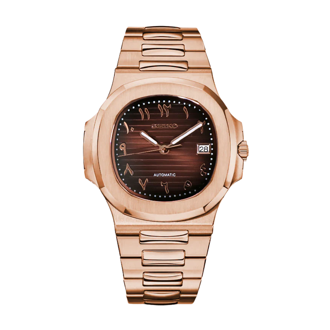 Nautiko Arabic Rose Gold Chocolate Seiko mod watch | Velanti Milano