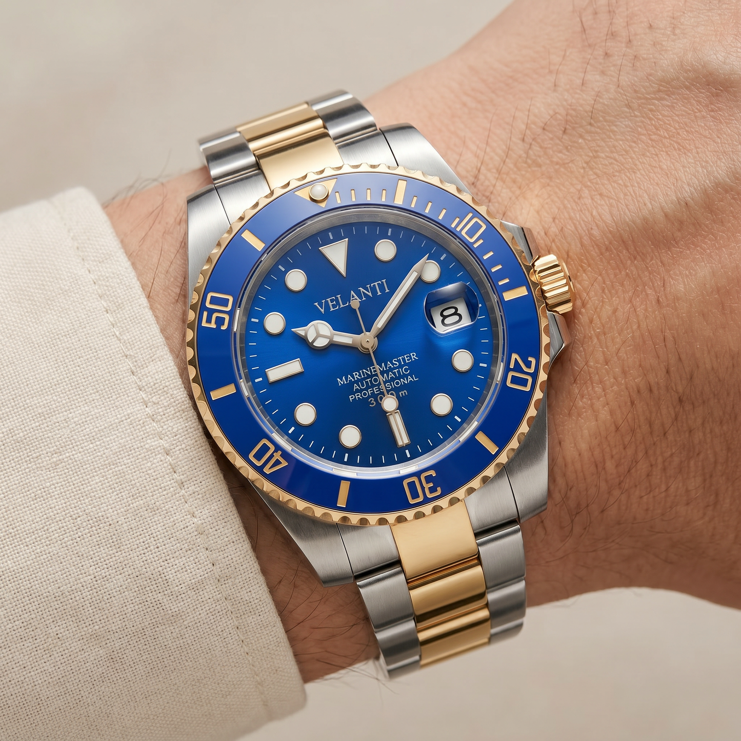 Submariner-style custom mod watch, Velanti Milano Velmariner Blue (Two Tones) worn on wrist photo 8