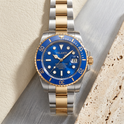 Submariner-style custom automatic watch, Velanti Milano Velmariner Blue (Two Tones), bracelet detail photo